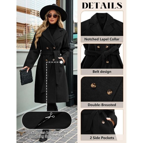 ⚡Women's Black Mid length Autumn and Winter Long Trench Coat With Belt Elegant - Picture 4 of 8